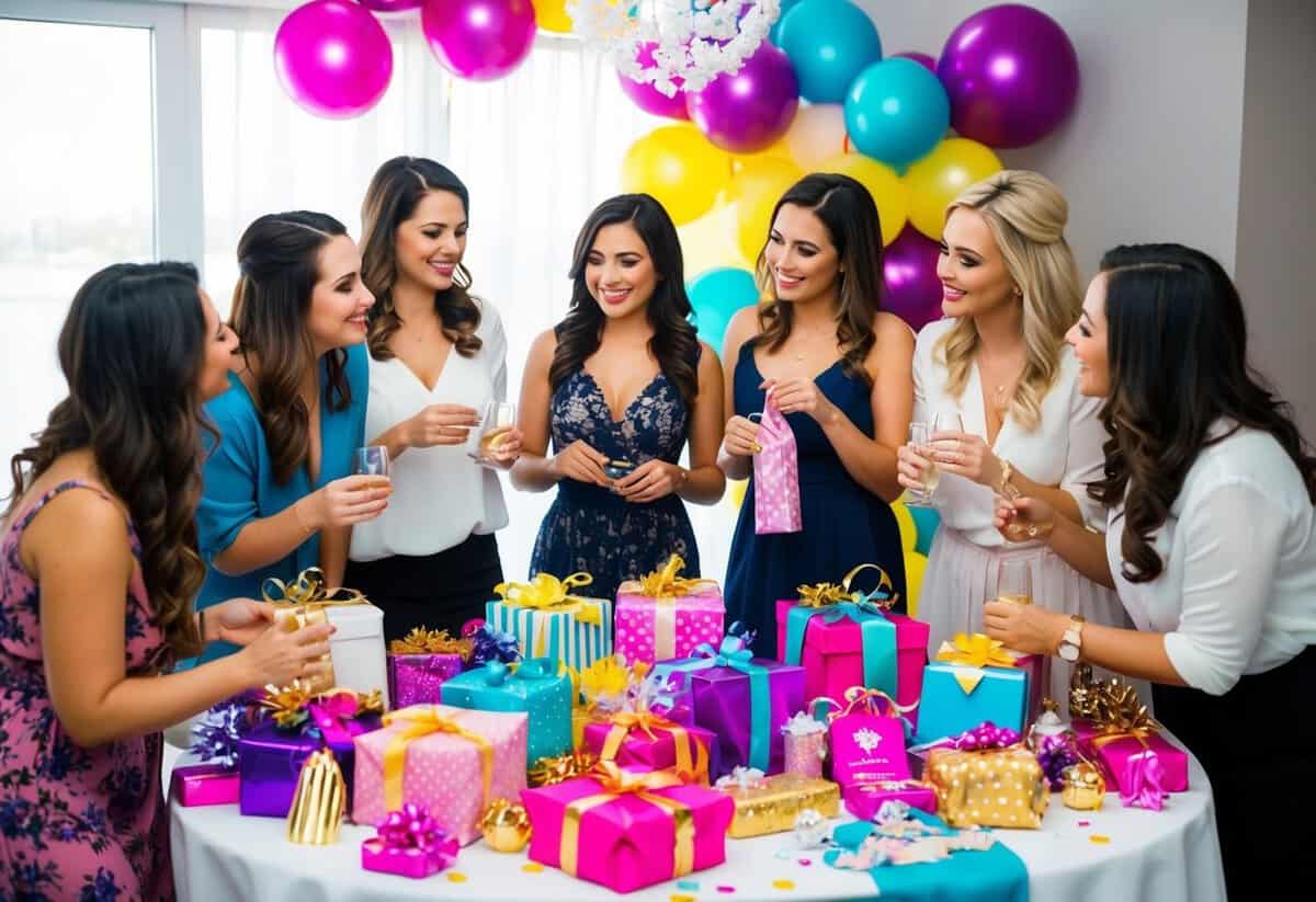 A group of women gathered around a table covered in decorations, gifts, and party favors, discussing and planning a bachelorette party