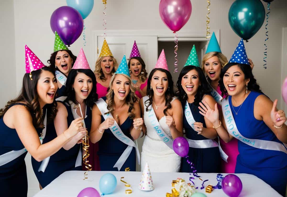 A group of excited women in party hats and sashes gather around a table with balloons and streamers, while others hide behind the door, ready to surprise the bride-to-be