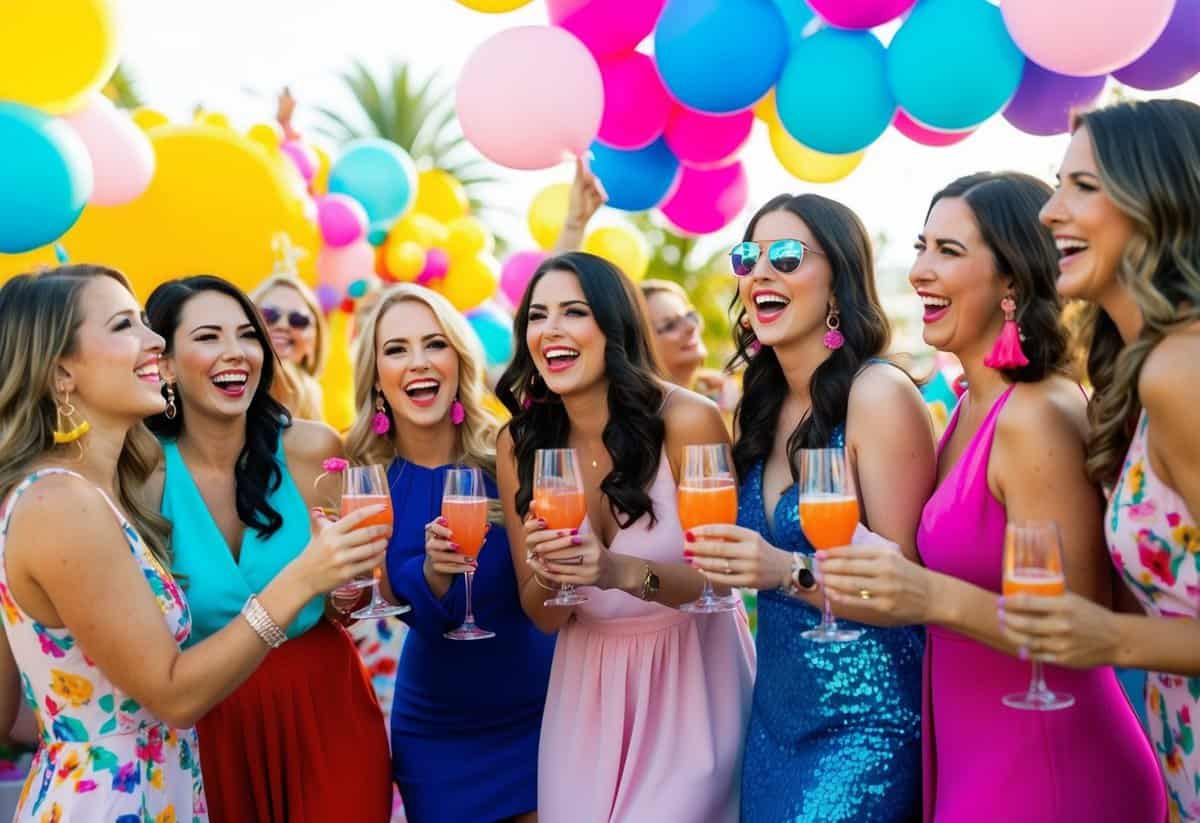 A group of women celebrating a bachelorette party at a lively and colorful destination, with drinks, laughter, and fun activities