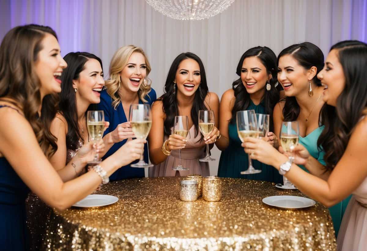 A group of excited women gather around a table covered in glittering decorations, clinking glasses and laughing as they plan a surprise bachelorette party