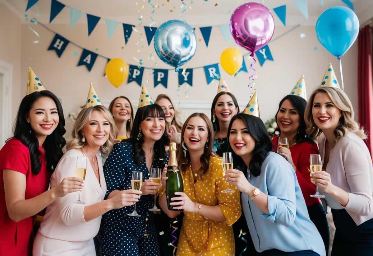 A group of women celebrating with champagne, balloons, and confetti in a decorated room with banners and streamers