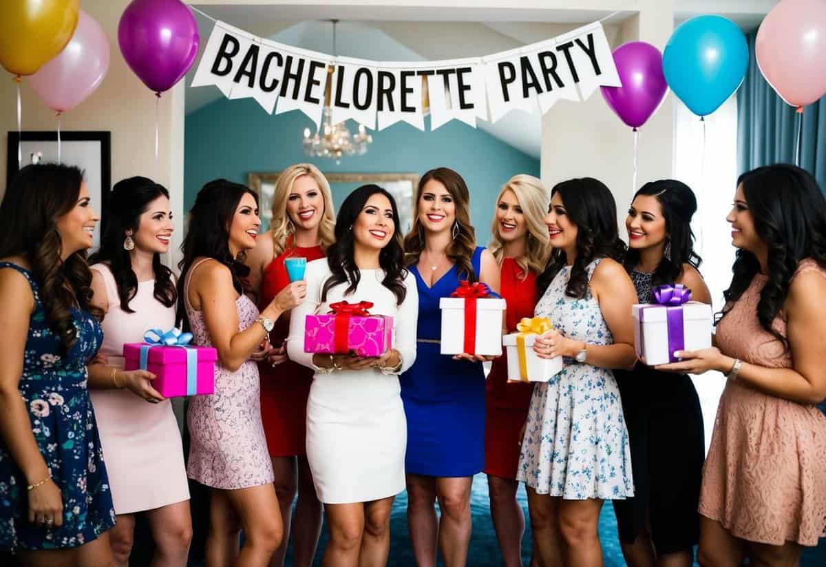 A group of women gather in a decorated room, holding gifts and balloons, with a banner reading "Bachelorette Party" hanging in the background