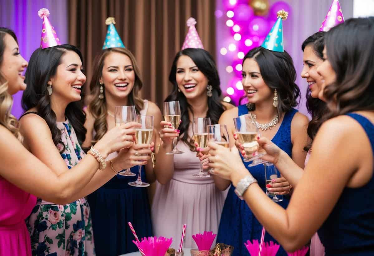 A group of women gather for a bachelorette party, clinking glasses and laughing as they put final touches on decorations and party favors
