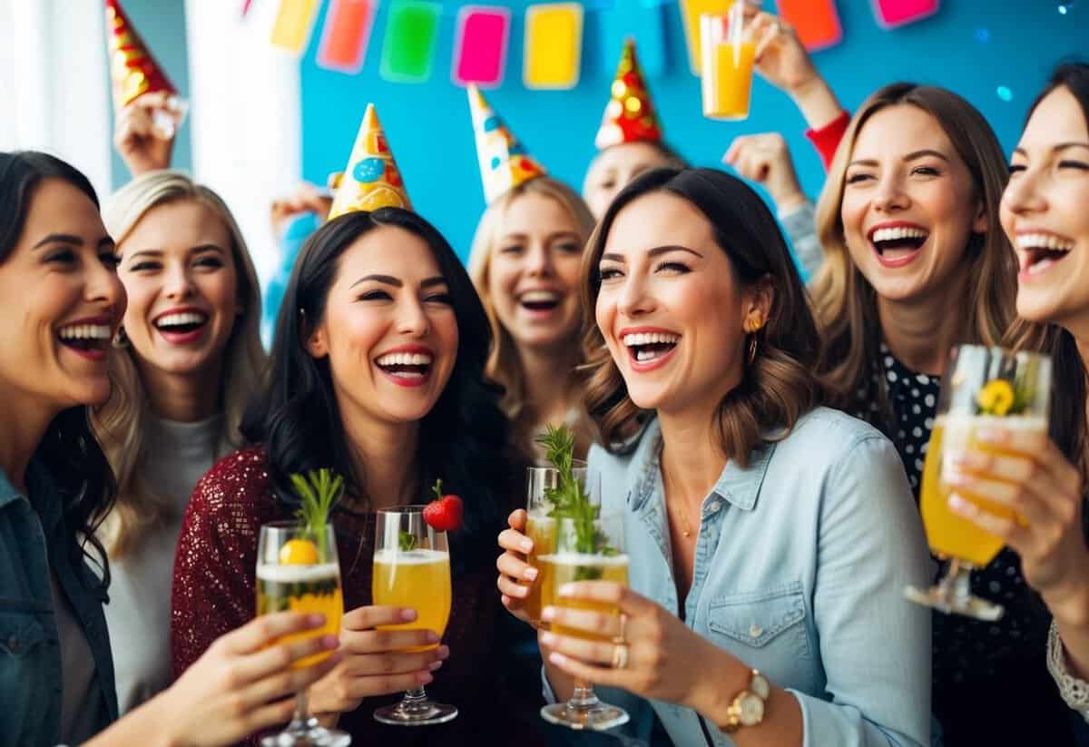 A group of women celebrating, with decorations, drinks, and laughter, in a lively and festive atmosphere