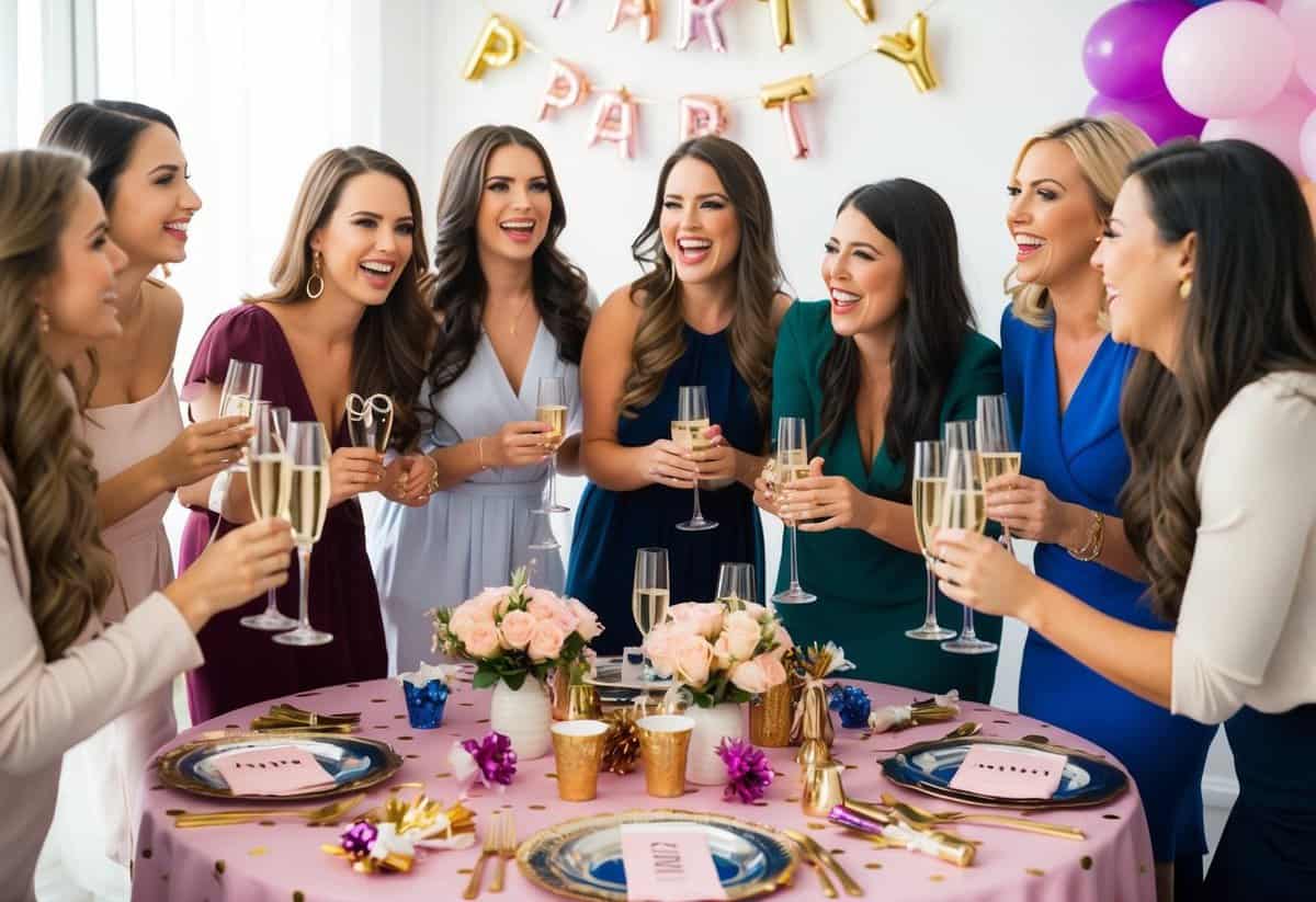 A group of women gather around a table covered in decorations, party favors, and champagne glasses. Laughter and excitement fill the room as they discuss plans for a bachelorette party