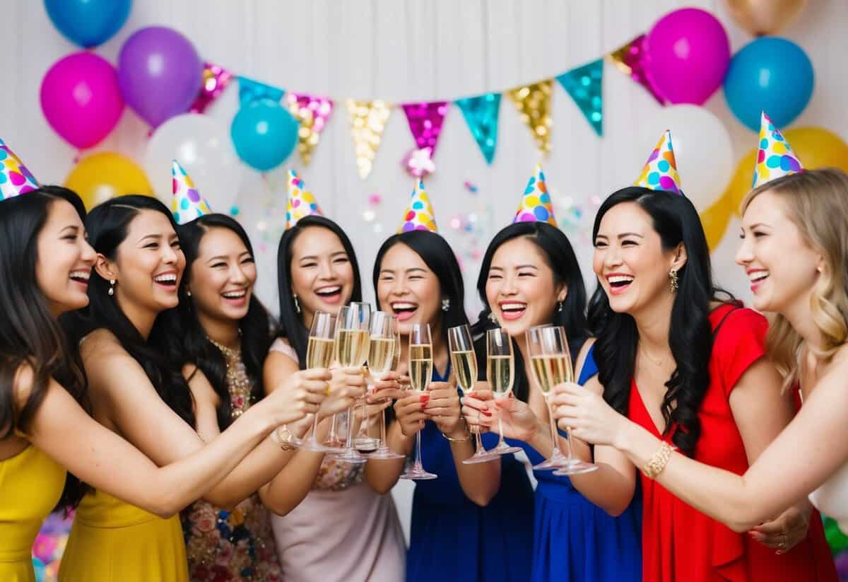 A group of women laughing and toasting with champagne glasses, surrounded by colorful decorations and party favors