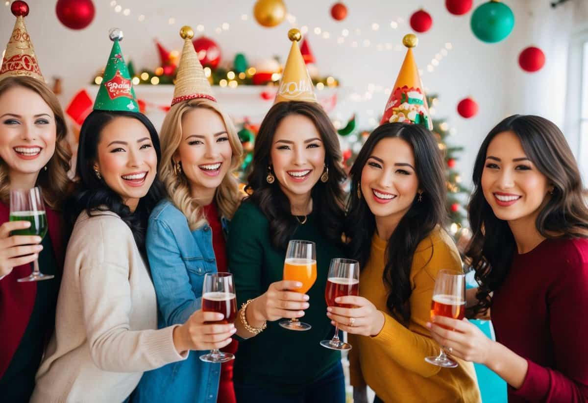 A group of women happily celebrating with decorations and drinks in a festive setting