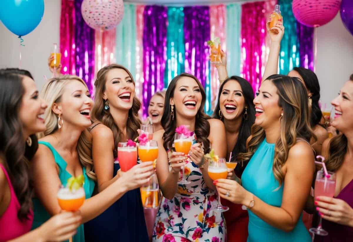 A group of women celebrating at a lively bachelorette party, with colorful decorations, drinks, and laughter filling the room