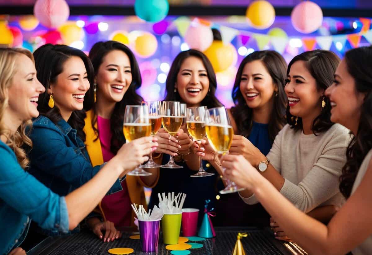 A group of women gather at a lively bar, clinking glasses and laughing, surrounded by colorful decorations and party favors