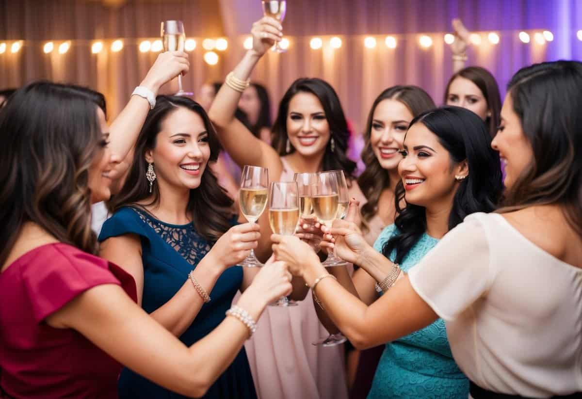 A group of women dancing, toasting, and playing games at a bachelorette party