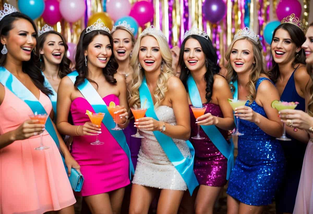 A group of women at a lively bachelorette party, wearing sashes, tiaras, and carrying colorful cocktails. They are surrounded by festive decorations and confetti