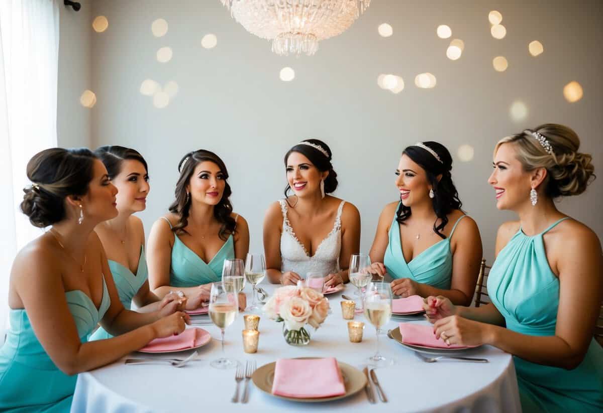 A group of bridesmaids sitting around a table, some looking hesitant, while others excitedly plan a bachelorette party