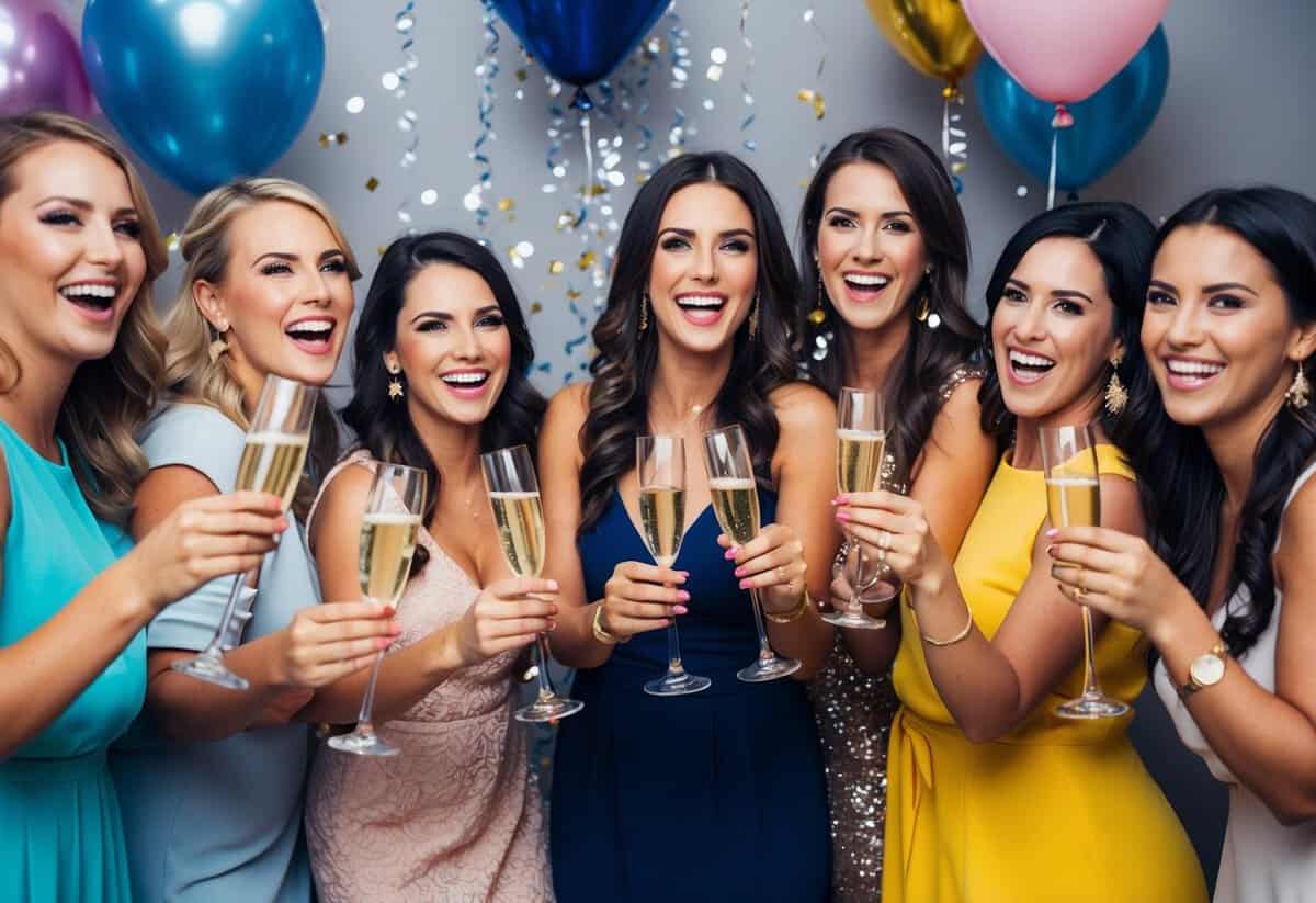 A group of women celebrating with champagne, balloons, and confetti at a bachelorette party