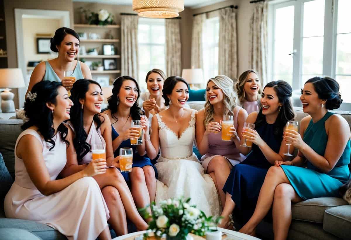 A group of bridesmaids gather in a cozy living room, laughing and chatting while sipping on drinks. A bride-to-be sits in the center, surrounded by her friends, feeling supported and loved