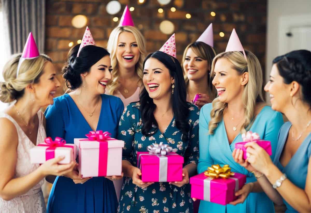 A group of women at a lively hen party, chatting and laughing while holding beautifully wrapped gifts