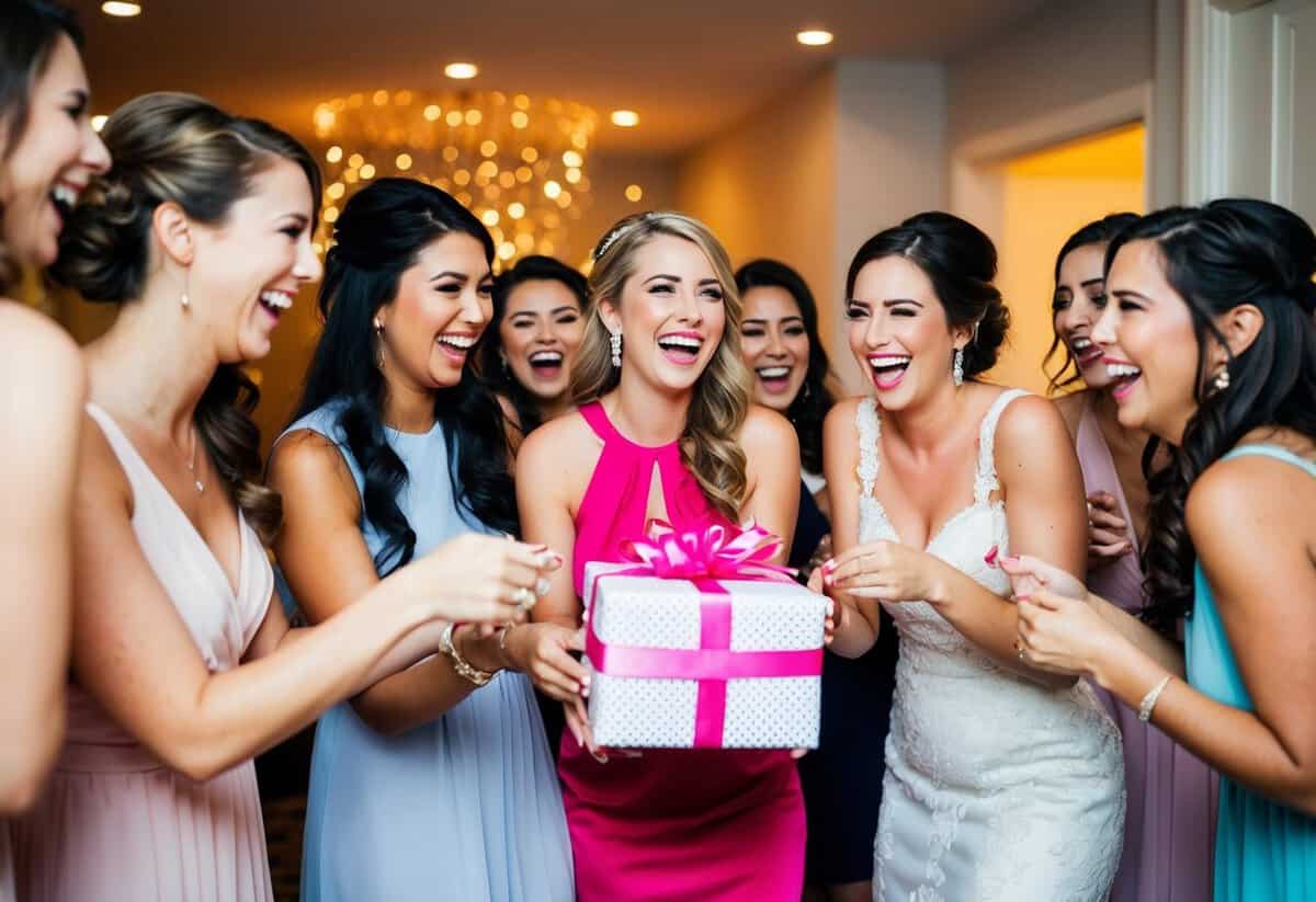 A group of bridesmaids presents a gift to the bride at a lively bachelorette party. Laughter and excitement fill the air as the bride opens the present