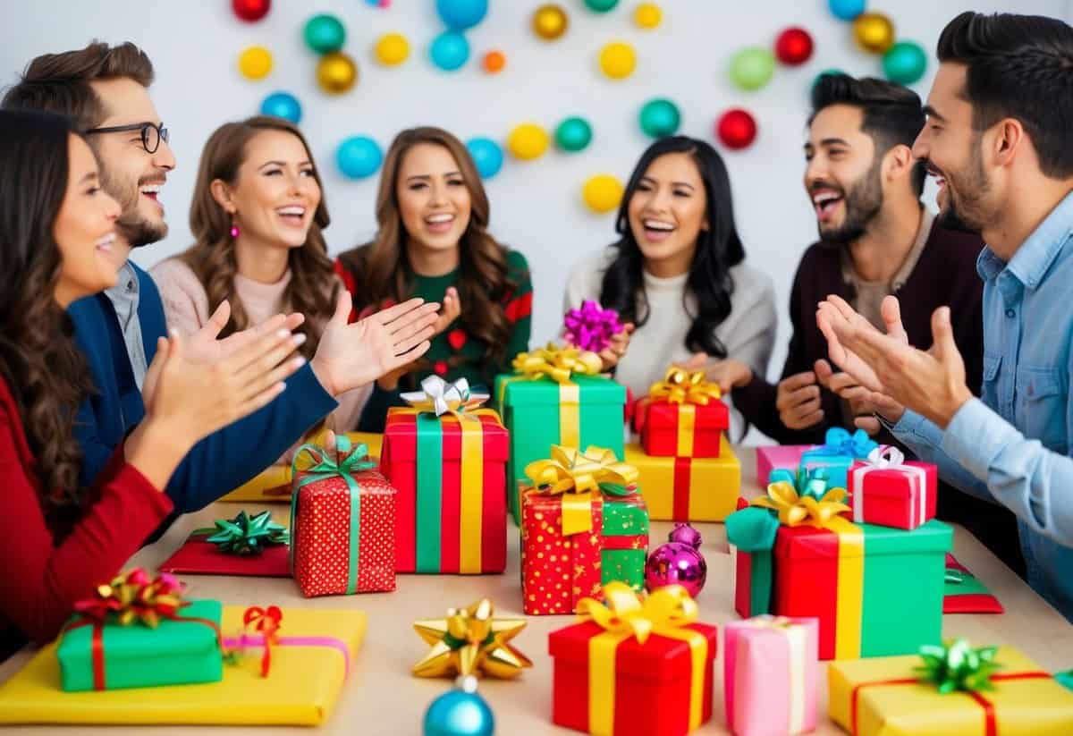 A table set with colorful decorations and wrapped gifts, surrounded by excited friends chatting and laughing
