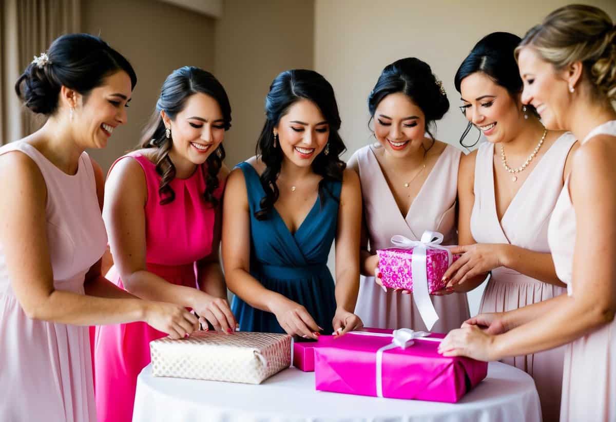 A group of bridesmaids gather around a table, laughing and chatting as they carefully select and wrap a gift for the bride-to-be