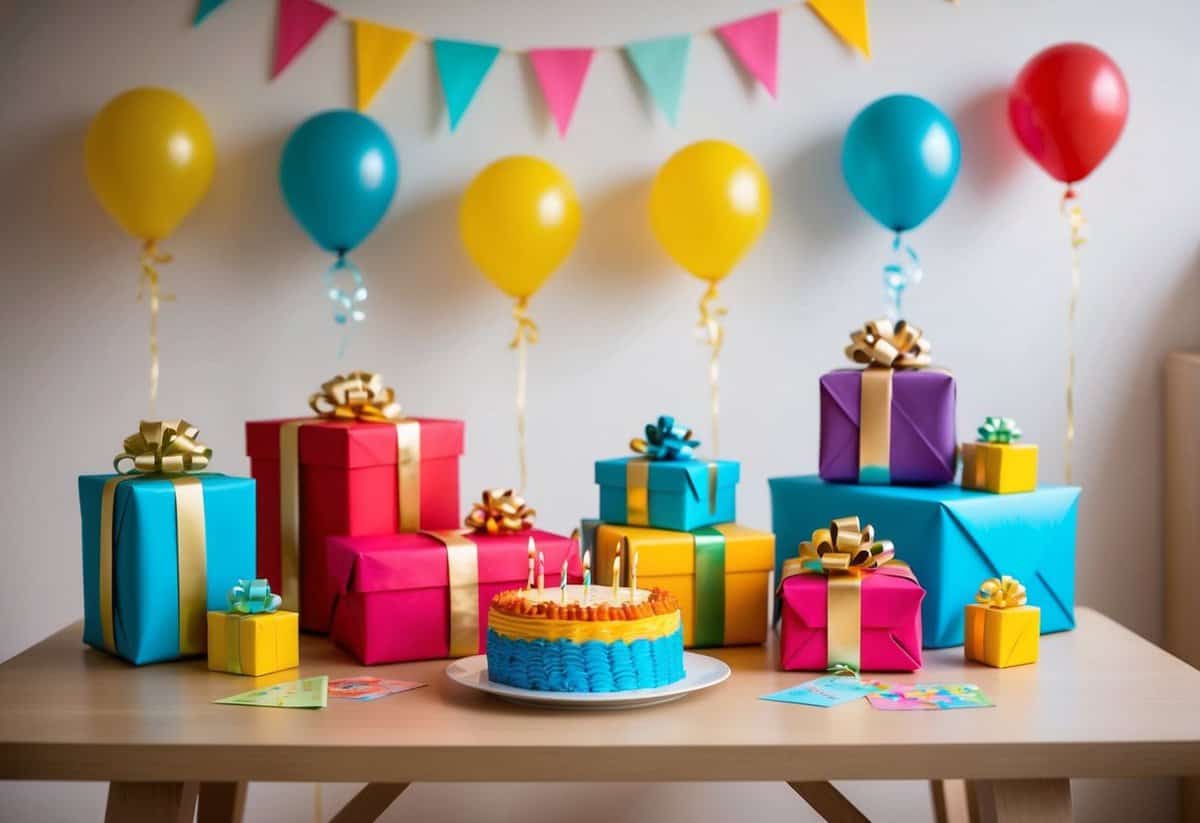 A table set with wrapped presents, a colorful cake, and party decorations