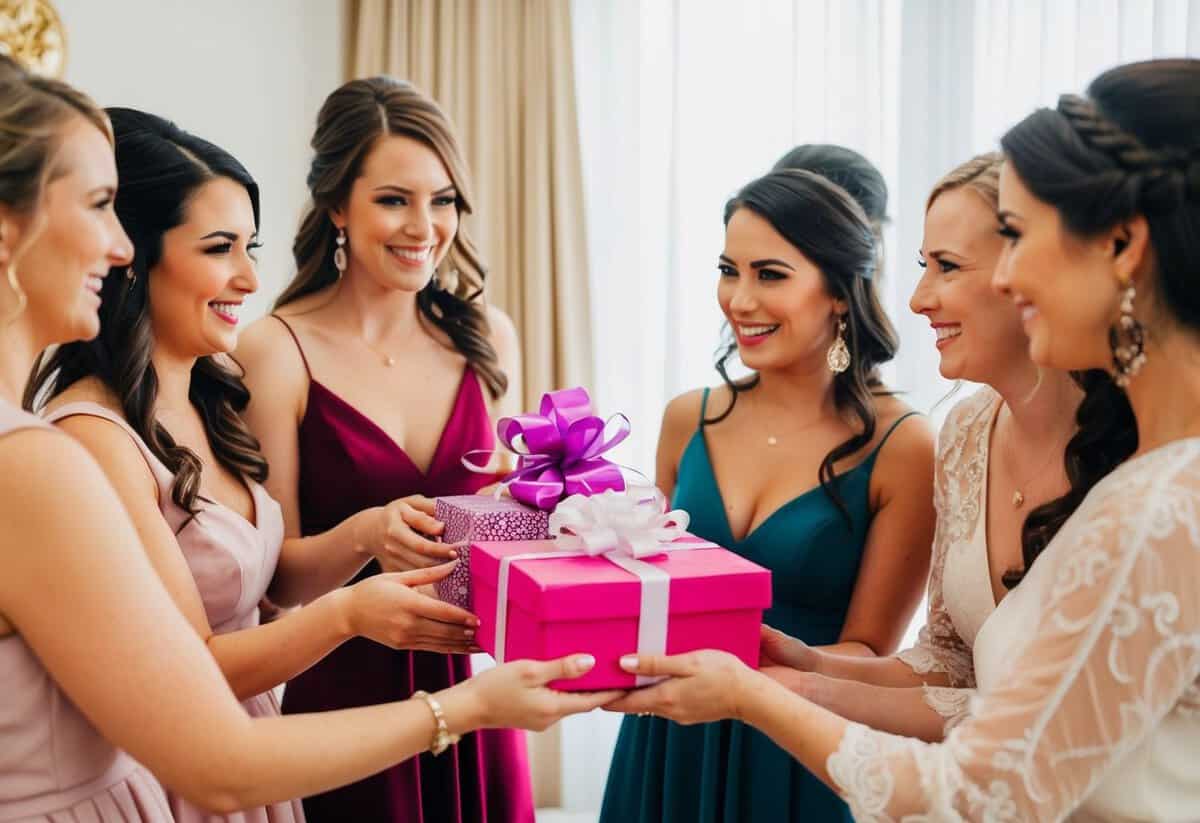 Bridesmaids presenting a gift to the bride at the bachelorette party