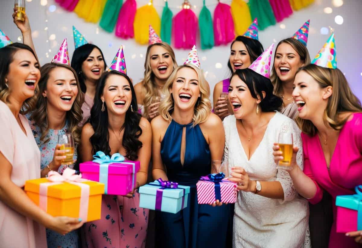 A group of women laughing and celebrating at a hen party, surrounded by colorful decorations and gifts