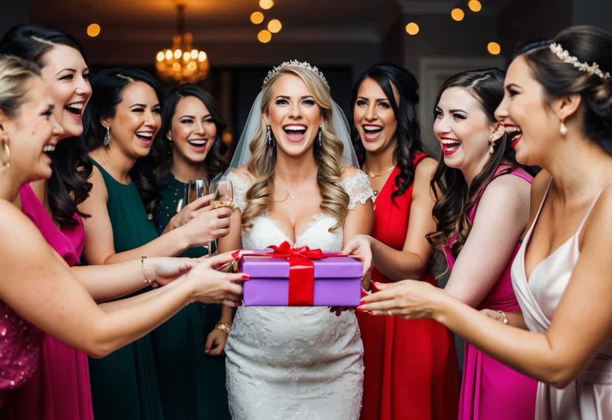 Bridesmaids gather around the bride, presenting her with a thoughtful gift during the bachelorette party. Laughter and excitement fill the air as they celebrate together
