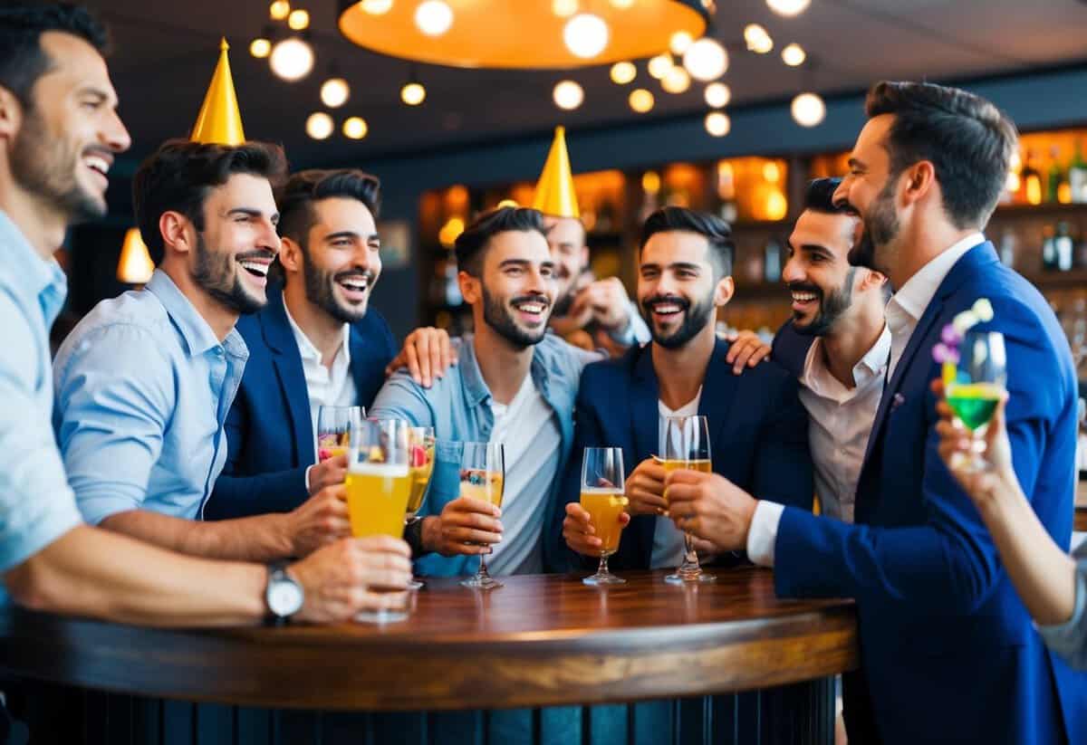 A group of men celebrating at a bar, with drinks, laughter, and possibly some party decorations