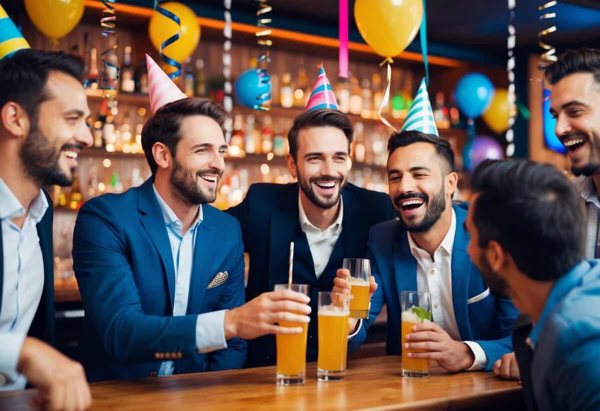 A group of men celebrating with drinks and laughter in a lively bar decorated with streamers and balloons