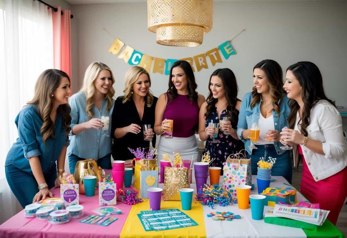 A group of women gather around a table covered in bachelorette party planning supplies, including decorations, games, and drinkware