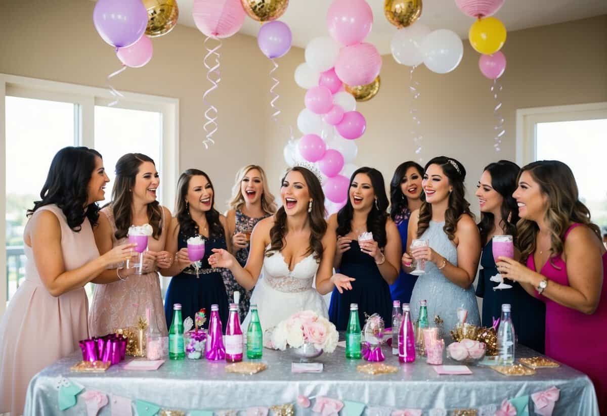 A group of women gather around a table covered in decorations and party favors, with a bride-to-be at the center, excitedly planning her own bachelorette party