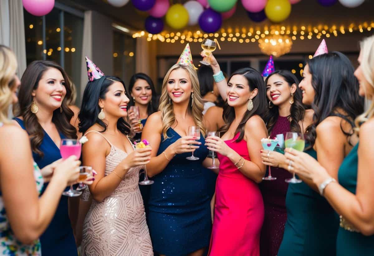 A group of women gather for a bachelorette party, some with drinks and decorations, while others mingle and chat in a festive setting
