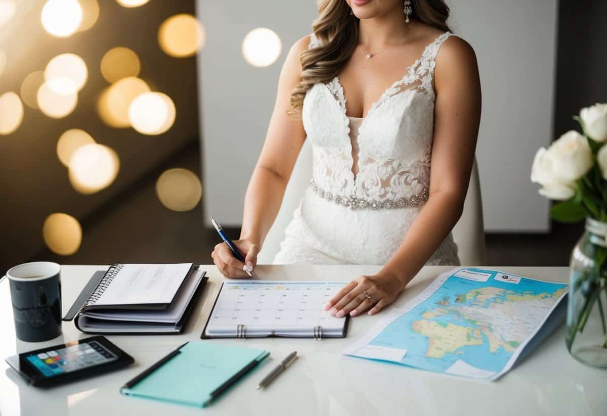 A bride sits at a desk with a calendar, map, and pen, brainstorming and organizing her bachelorette party itinerary