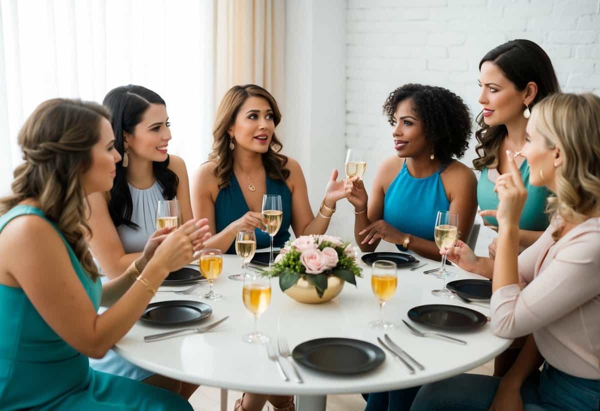 A group of women gathered around a table, discussing and debating whether to invite a mother-in-law to a bachelorette party