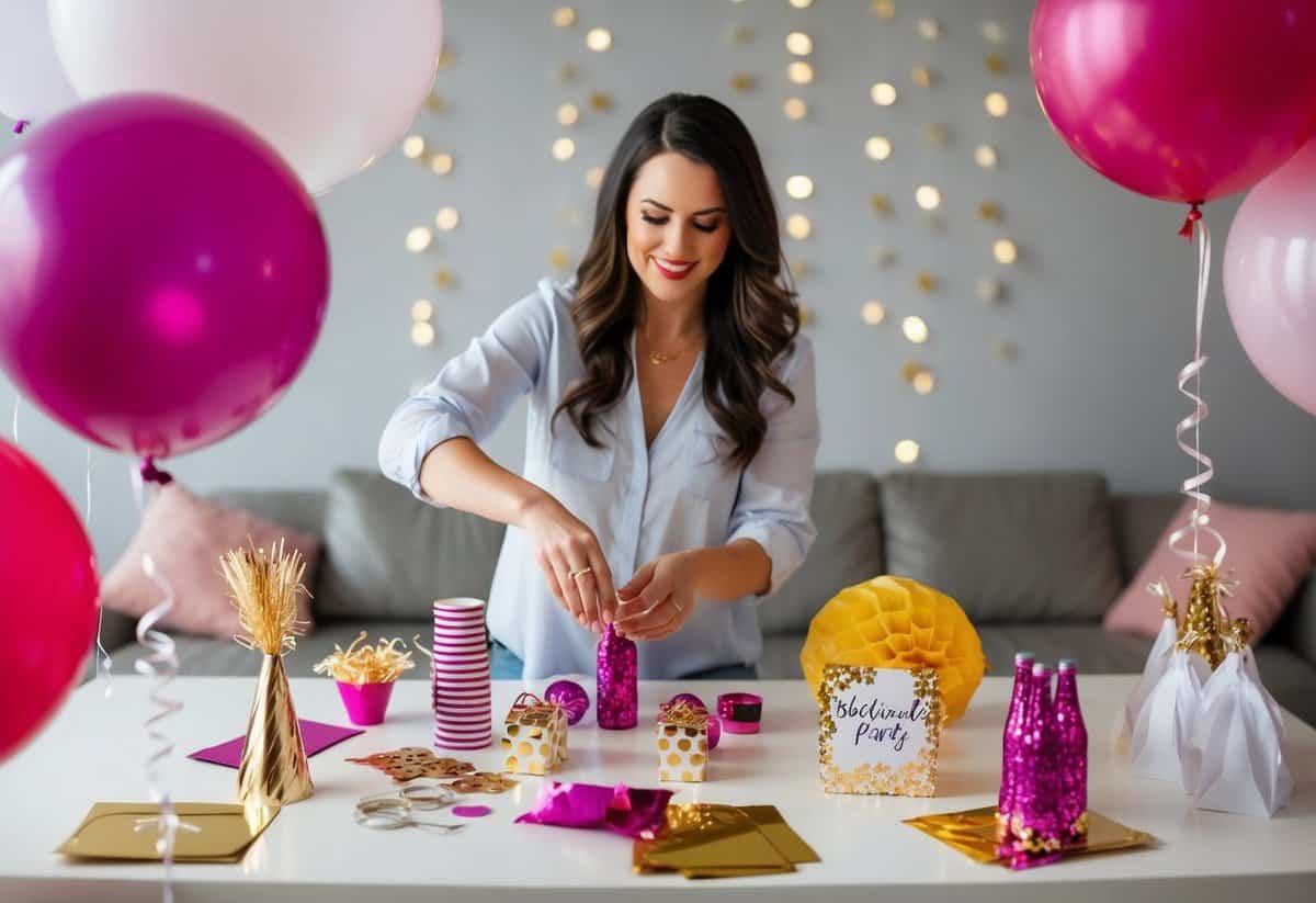 A woman arranging decorations and party favors for a bachelorette party