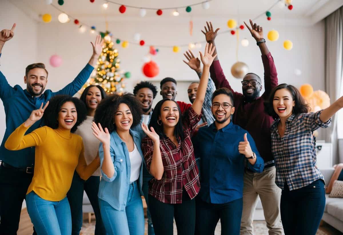 A group of diverse, joyful individuals celebrating together in a festive setting