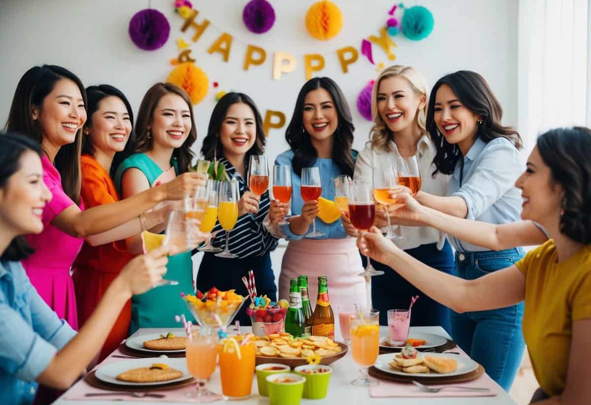 A group of women celebrating, with colorful decorations and a table set with drinks and snacks