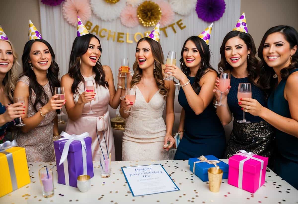 A group of women celebrating at a bachelorette party with decorations, drinks, and gifts, while a wedding invitation sits untouched on the table