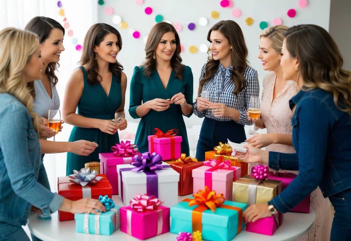 A group of women gather around a table filled with gifts and decorations, discussing the expenses for the bachelorette party