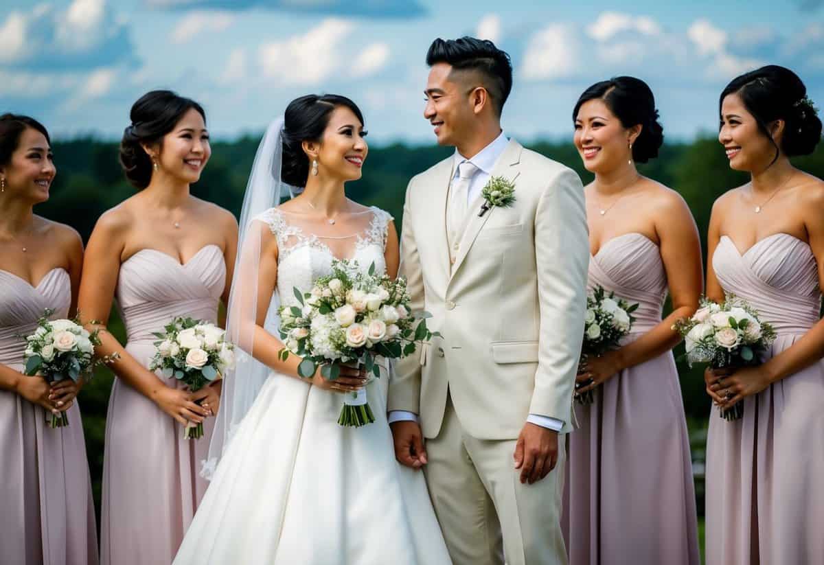 A male figure standing alongside a bride, holding a bouquet and wearing attire similar to the bridesmaids
