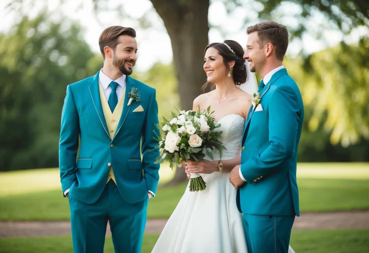 A man in a matching outfit stands beside the bride, holding a bouquet