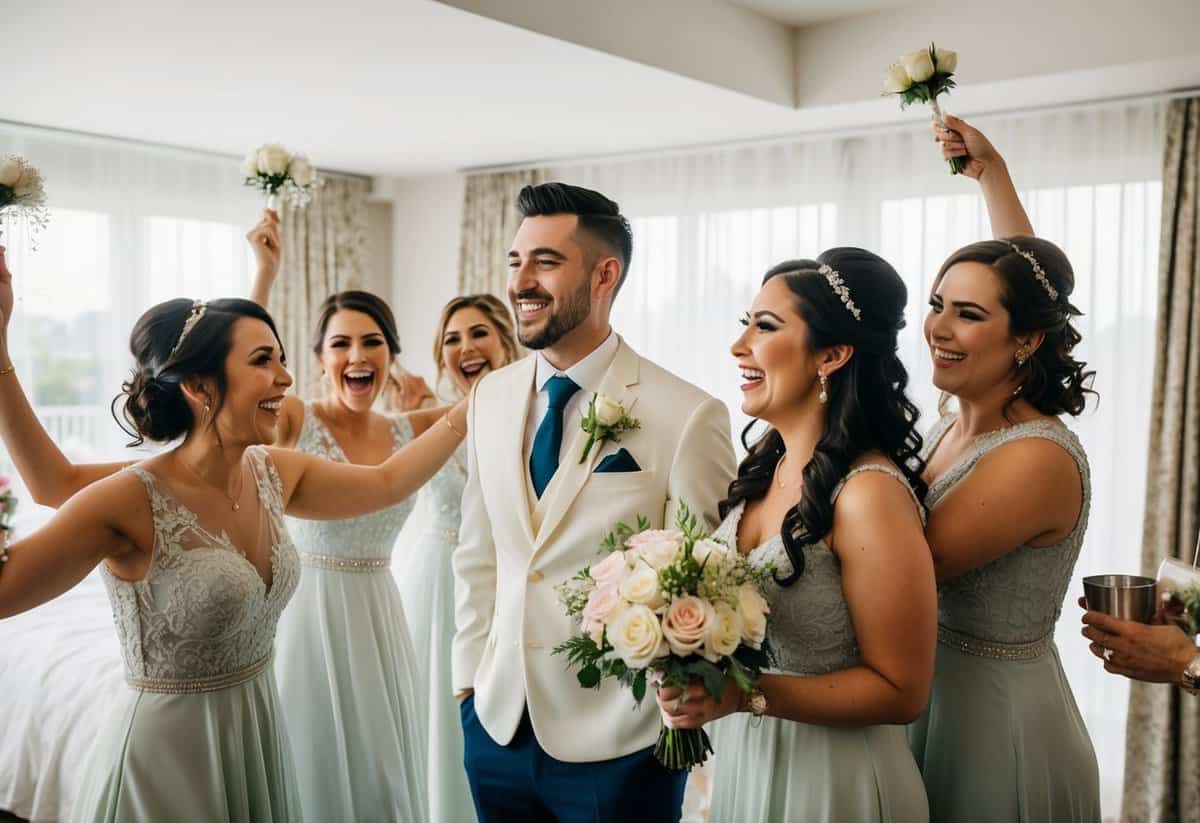 A male bridesmaid happily joins the bride and other bridesmaids in pre-wedding activities, such as getting ready and celebrating