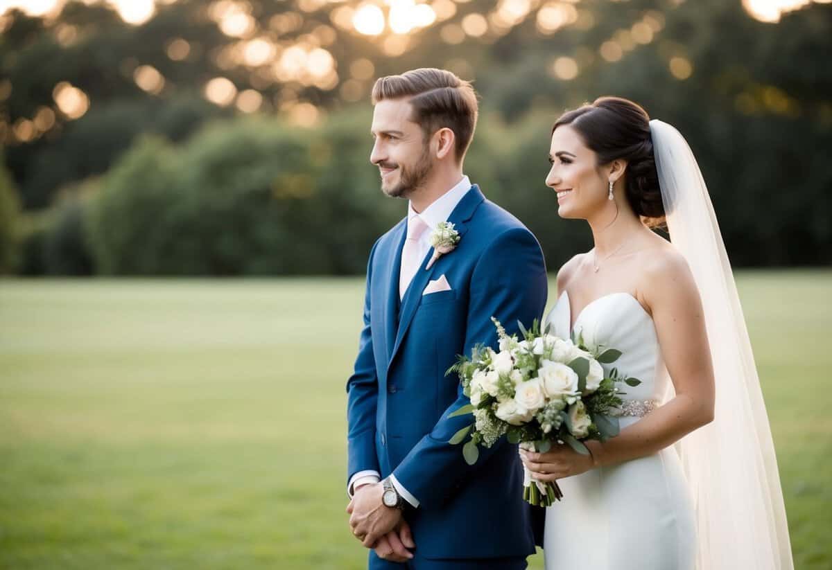 A male bridesmaid in a suit stands beside the bride, holding a bouquet