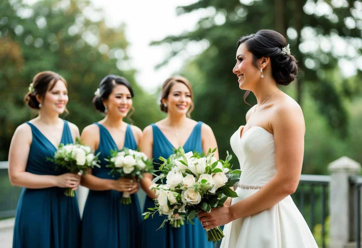 A male bridesmaid stands beside the bride, holding a bouquet