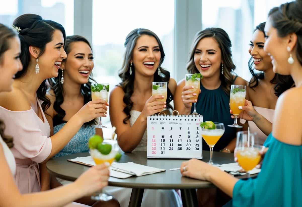 A group of bridesmaids gather around a table, laughing and chatting while sipping on cocktails and looking at a calendar marked with the date of the bachelorette party