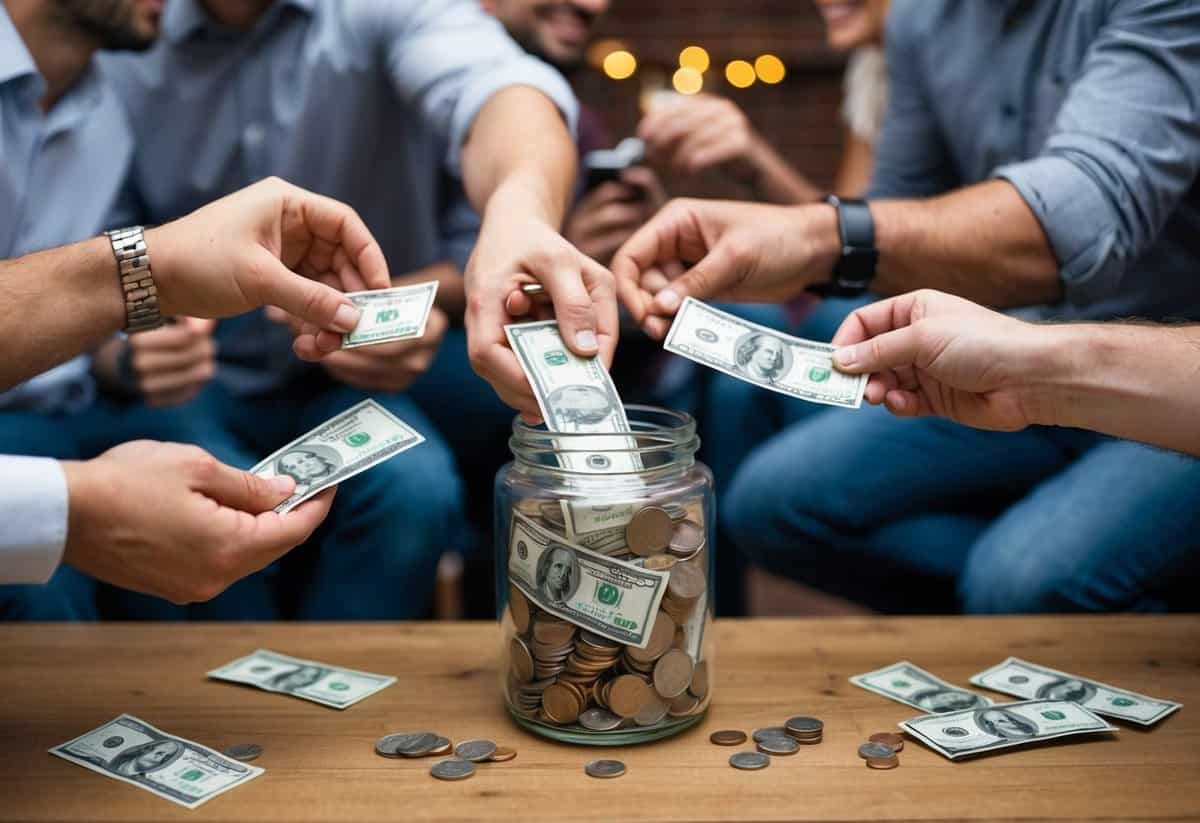 A group of friends pooling money for a bachelor party, placing bills and coins into a communal jar or container