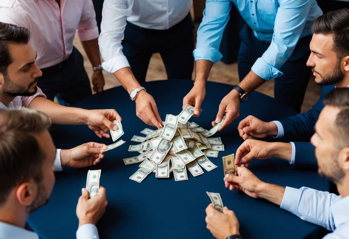 A group of men gather around a table, each placing money into a pile in the center as they discuss the financial aspects of the bachelor party