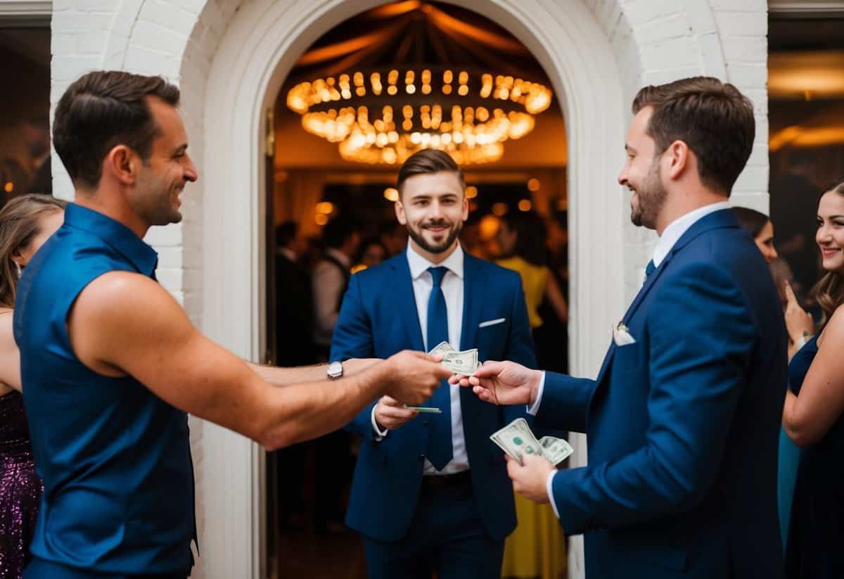 Guests handing cash to a person at a party venue entrance