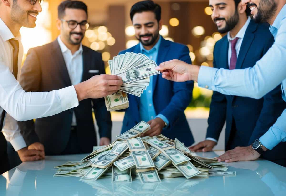 A group of men pooling money into a pile on a table, with one man holding a stack of bills and others watching
