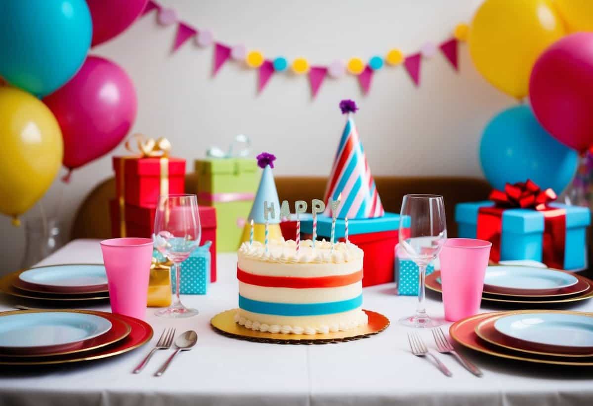 A table set for a party with a cake, decorations, and gifts