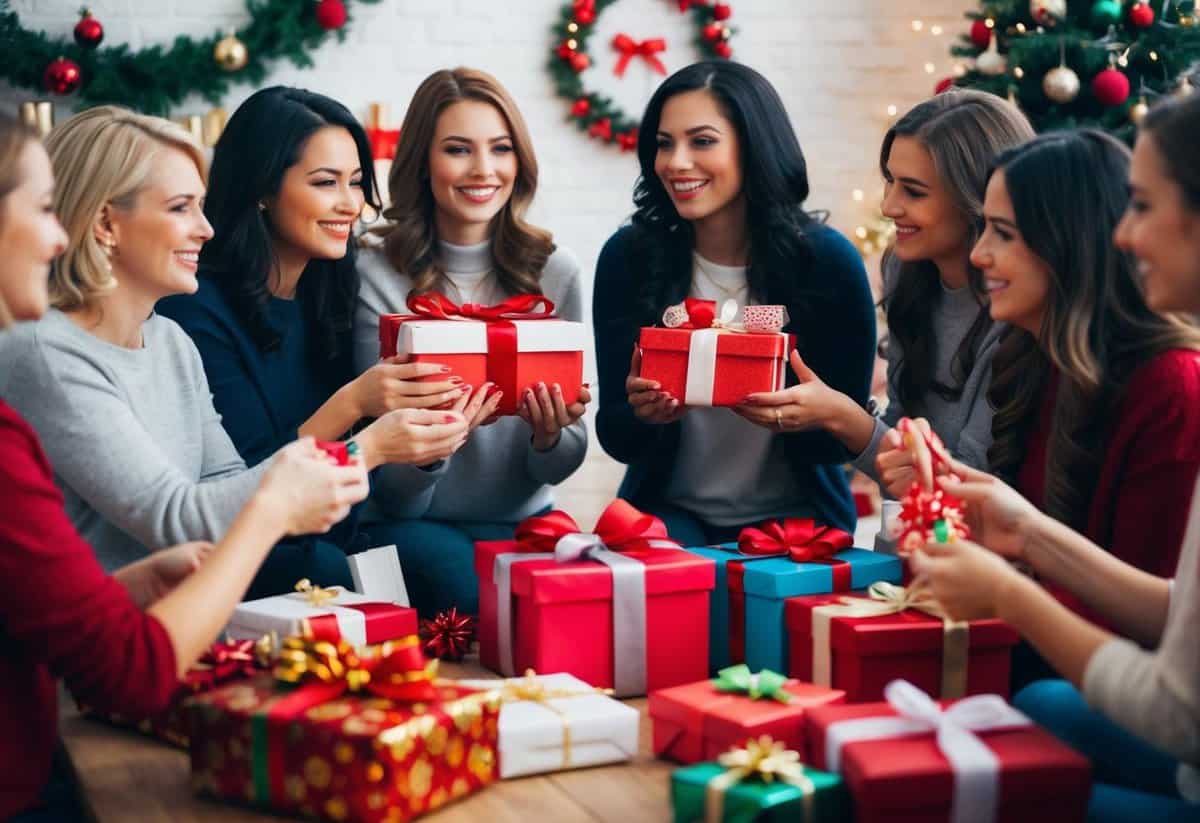 A group of women gather in a festive setting, exchanging gifts and celebrating. Decorations and presents are prominently featured